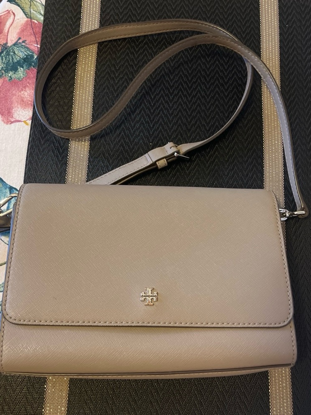 Tory Burch Taupe Saffiano Crossbody with Gold Logo